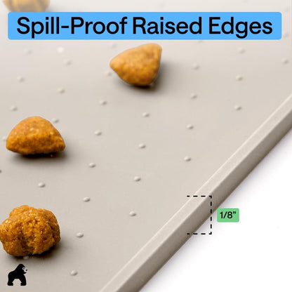GORILLA GRIP 100% Waterproof Raised Edge BPA Free Silicone Pet Feeding Mat, Dog Cat Food Mats Contain Spills Protects Floors, Placemats for Cats and Dogs Water Bowl, 18.5x11.5, Gray