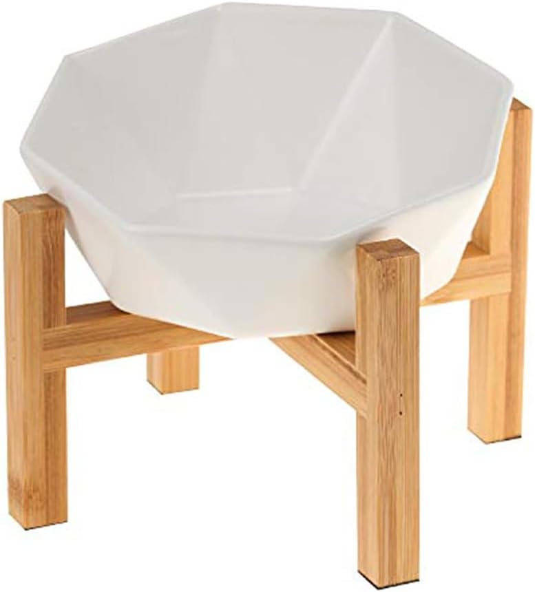 Ceramic Tilted Raised Cat Bowl - Elevated Food Bowl for Indoor Cats & Small Dogs - Shallow Wide Whisker-Friendly Design - Pet Dish Suitable for Feeding Dry, Wet, Treats & Canned Food - White