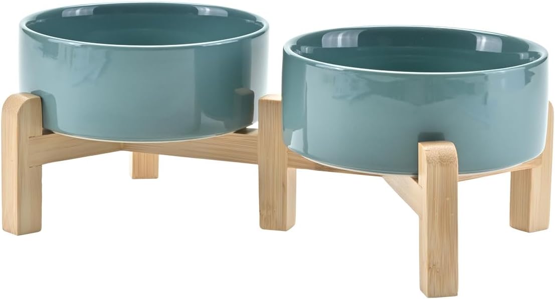 SPUNKYJUNKY Elevated Dog Bowls Ceramic, 6.1'' Dogs and Cat Food Water Bowls Raised with Non-Slip Bamboo Stand for Medium Sized Breed Microwave Dishwasher Safe - 28.7 OZ,Beige