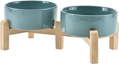 SPUNKYJUNKY Elevated Dog Bowls Ceramic, 6.1'' Dogs and Cat Food Water Bowls Raised with Non-Slip Bamboo Stand for Medium Sized Breed Microwave Dishwasher Safe - 28.7 OZ,Beige