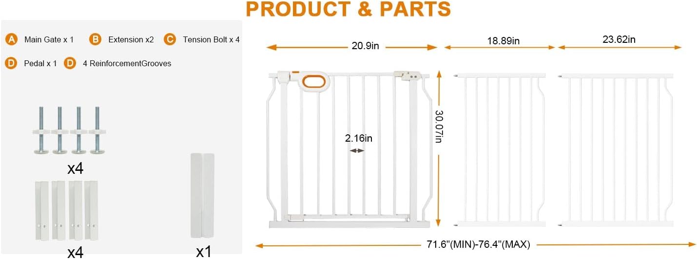 Baby Gates Extra Wide for Large Opennings with Door Pressure Mounted 90.6-95.2 Inch Extra Wide Baby Gate Dog gate for Doorways Indoor Metal Gate No Drilling with Walk-Through Door,White
