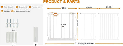 Baby Gates Extra Wide for Large Opennings with Door Pressure Mounted 90.6-95.2 Inch Extra Wide Baby Gate Dog gate for Doorways Indoor Metal Gate No Drilling with Walk-Through Door,White