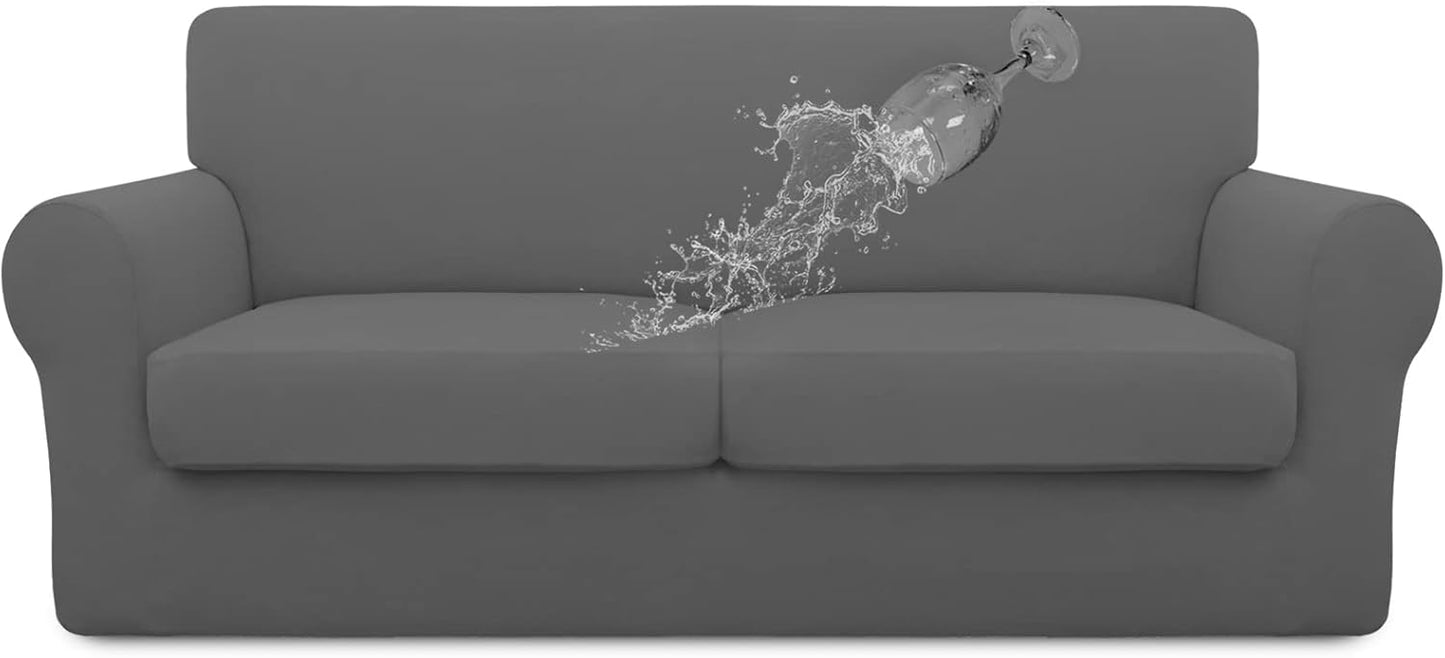 Easy-Going 100% Dual Waterproof 4 Pieces Stretch Soft Couch Cover for Dogs, Sofa Slipcover for 3 Separate Cushion Couch Leakproof Furniture Protector for Kids, Pets Dark Gray