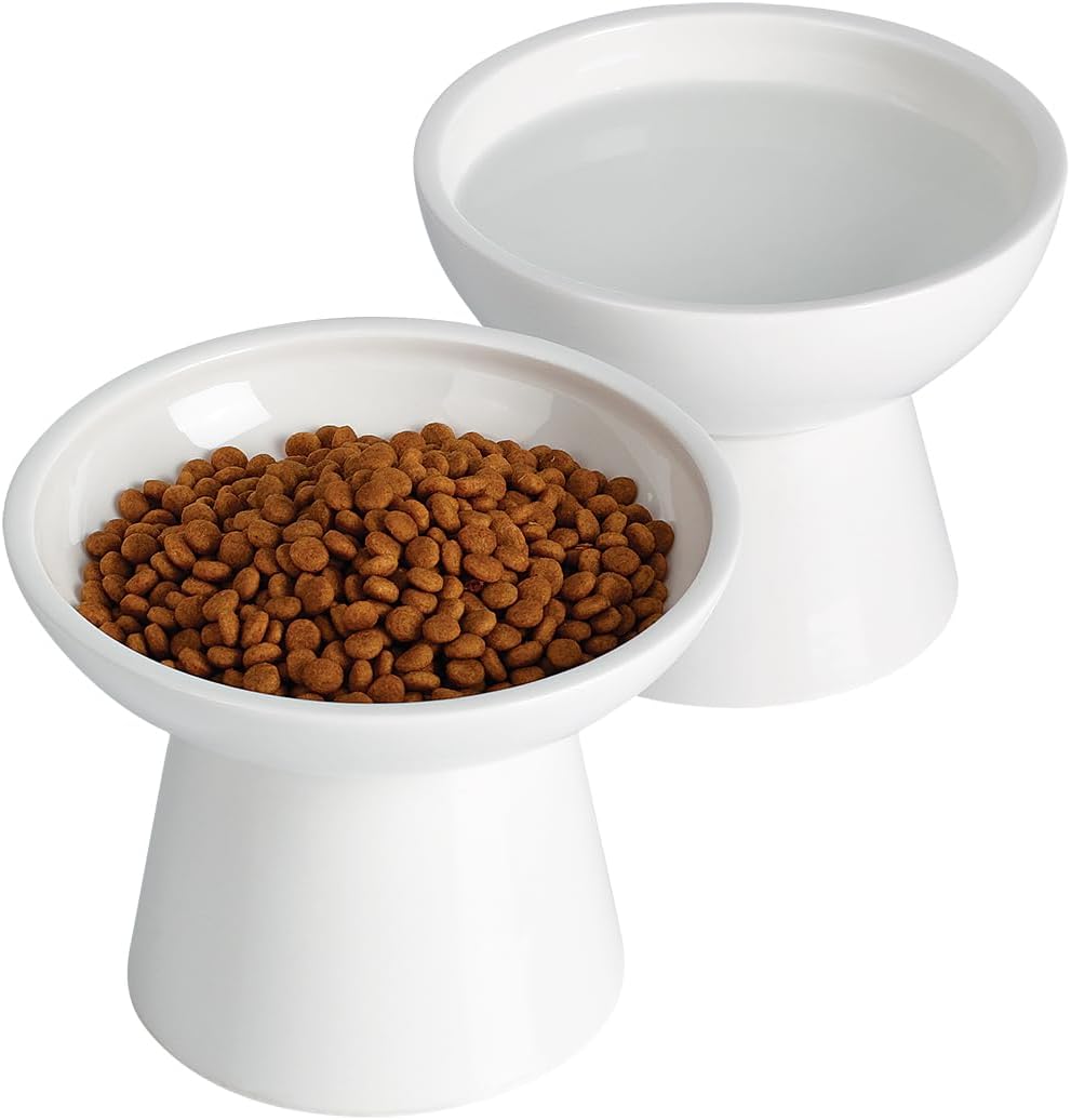 LoeJan Elevated Cat Food and Water Bowls Set, Extra Wide and Raised Ceramic Bowls, Anti-Vomit Whisker-Free Pressure Cat Feeder for Kittens to Adult Cats and Small Dogs (White, Water Bowl)