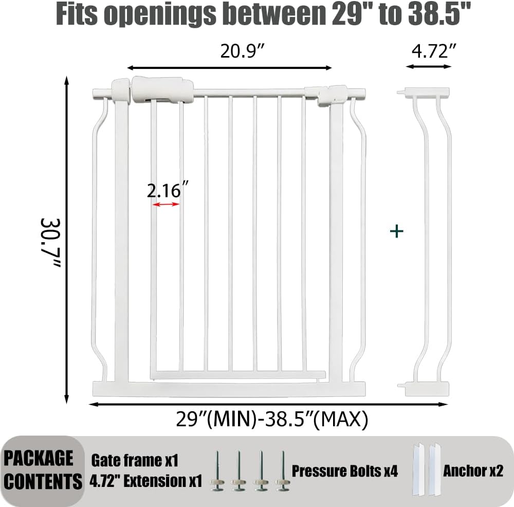 24-29 Inch Narrow Baby Gate, Pressure Mounted No Drilling Dog Gate for Stairs & Doorways, White Metal Safety Gate Indoor for Kids and Pets