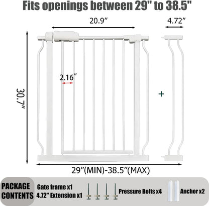 24-29 Inch Narrow Baby Gate, Pressure Mounted No Drilling Dog Gate for Stairs & Doorways, White Metal Safety Gate Indoor for Kids and Pets