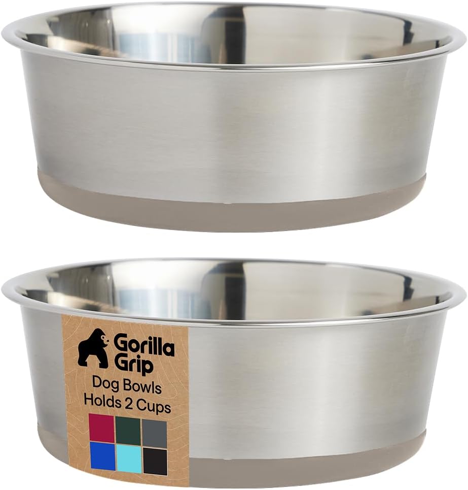 GORILLA GRIP Dog Bowls, Food Grade 304 Stainless Steel, Holds 2 Cups Each (16 fl oz) Food and Water Bowl for Feeding Dogs and Cats, Dishwasher Safe, Rust Resistant, BPA Free Rubber Base Set of 2 Black