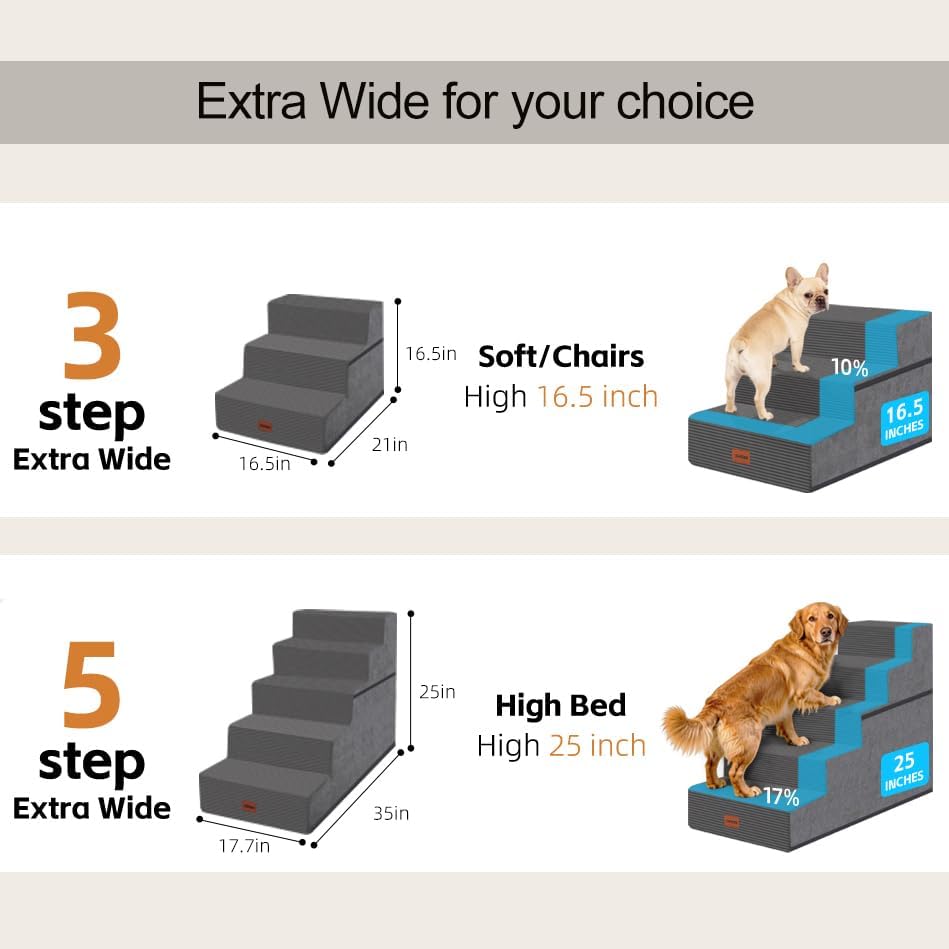 Dog Stairs for Small Dogs, 13.5" H, 3-Step Pet Steps for Couch Sofa and Chair, Non-Slip Balanced Pet Ramp for Medium Cats,Indoor Dog Ladder, Grey