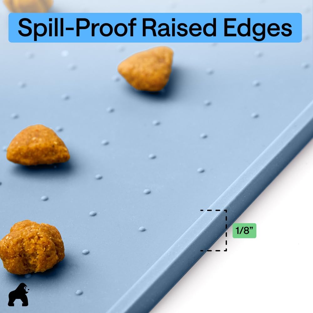GORILLA GRIP 100% Waterproof Raised Edge BPA Free Silicone Pet Feeding Mat, Dog Cat Food Mats Contain Spills Protects Floors, Placemats for Cats and Dogs Water Bowl, 18.5x11.5, Gray