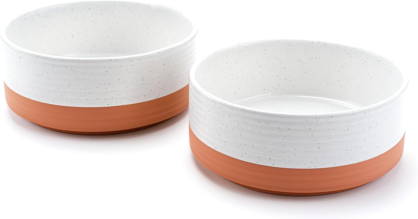 SPUNKYJUNKY Elevated Dog Bowls Ceramic, 6.1'' Dogs and Cat Food Water Bowls Raised with Non-Slip Bamboo Stand for Medium Sized Breed Microwave Dishwasher Safe - 28.7 OZ,Beige