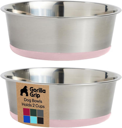 GORILLA GRIP Dog Bowls, Food Grade 304 Stainless Steel, Holds 2 Cups Each (16 fl oz) Food and Water Bowl for Feeding Dogs and Cats, Dishwasher Safe, Rust Resistant, BPA Free Rubber Base Set of 2 Black