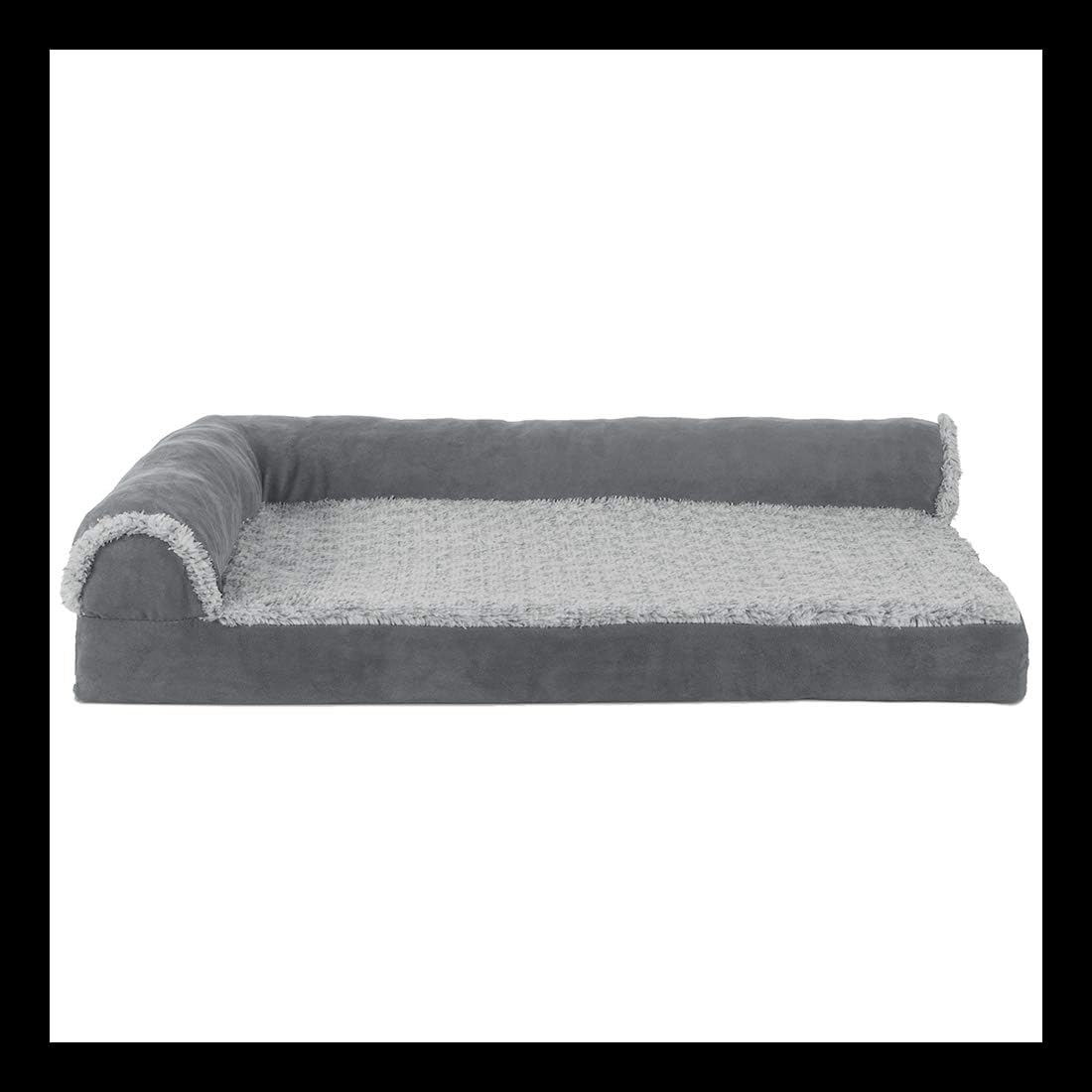 Furhaven Memory Foam Dog Bed for Large Dogs w/ Removable Bolsters & Washable Cover, For Dogs Up to 95 lbs - Two-Tone Plush Faux Fur & Suede L Shaped Chaise - Espresso, Jumbo/XL