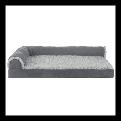 Furhaven Memory Foam Dog Bed for Large Dogs w/ Removable Bolsters & Washable Cover, For Dogs Up to 95 lbs - Two-Tone Plush Faux Fur & Suede L Shaped Chaise - Espresso, Jumbo/XL