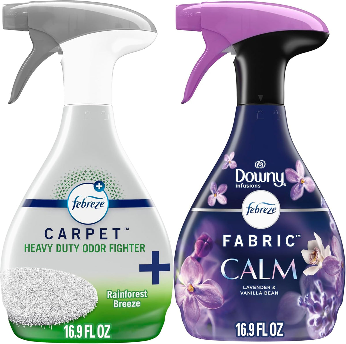 Fabric Spray & Carpet Heavy Duty Odor Fighter, Fabric Refresher, Multi-Use Deodorizer, Sneaker Balls Alternative, Couch & Linen Spray, Downy Calm & Rainforest Scents, 16.9oz, 2ct (1 of each)