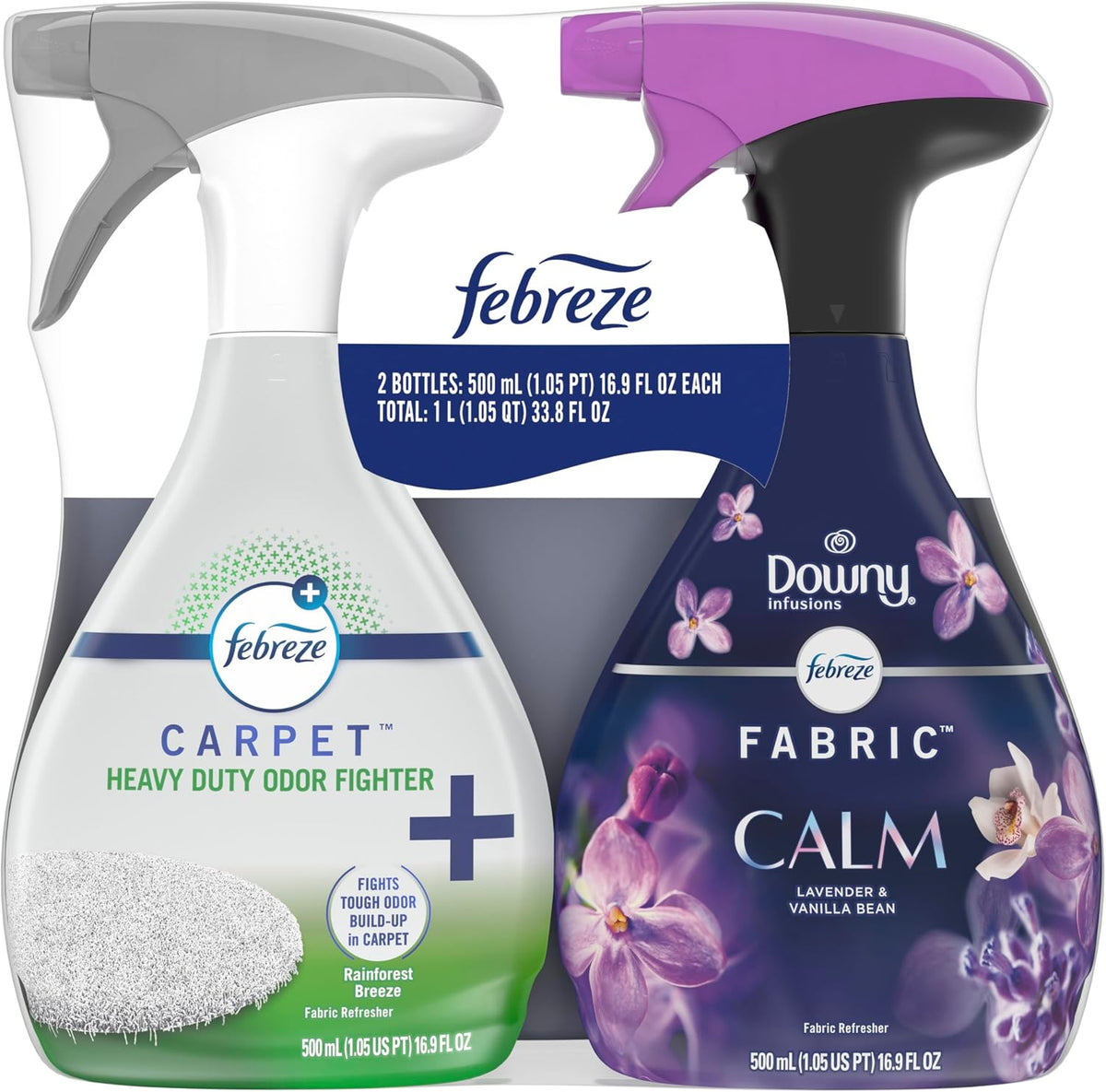 Fabric Spray & Carpet Heavy Duty Odor Fighter, Fabric Refresher, Multi-Use Deodorizer, Sneaker Balls Alternative, Couch & Linen Spray, Downy Calm & Rainforest Scents, 16.9oz, 2ct (1 of each)