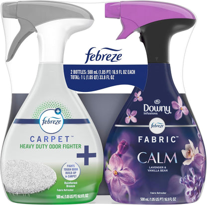 Fabric Spray & Carpet Heavy Duty Odor Fighter, Fabric Refresher, Multi-Use Deodorizer, Sneaker Balls Alternative, Couch & Linen Spray, Downy Calm & Rainforest Scents, 16.9oz, 2ct (1 of each)