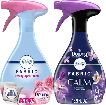 Fabric Spray & Carpet Heavy Duty Odor Fighter, Fabric Refresher, Multi-Use Deodorizer, Sneaker Balls Alternative, Couch & Linen Spray, Downy Calm & Rainforest Scents, 16.9oz, 2ct (1 of each)