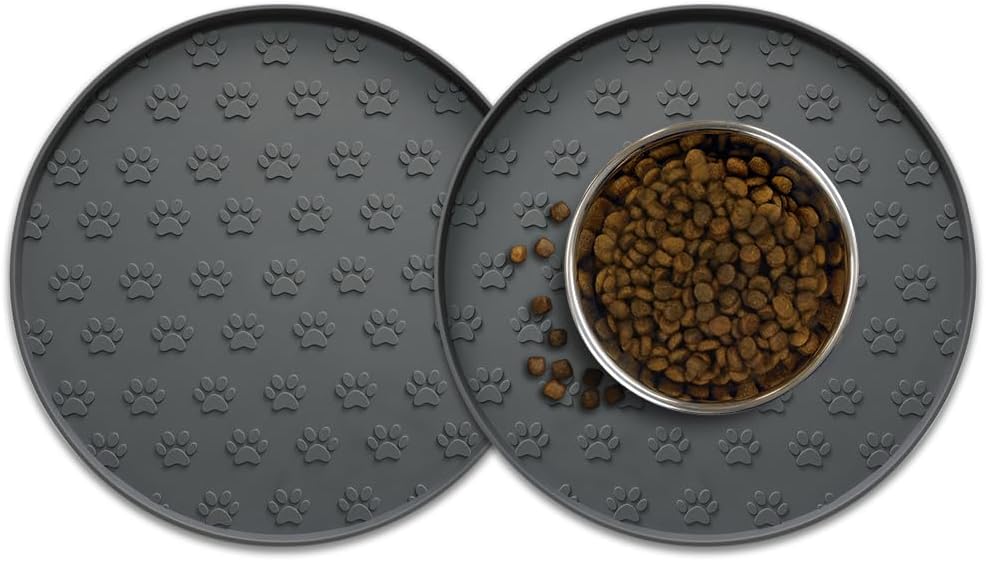 Pet Feeding Mats for Food and Water, Waterproof Anti-Slip Placemats for Dog Cat Bowl, 1 Pack Silicone Pet Food Mat, Dishwasher Safe 10.9 × 10.9 (1 Pack, Black)