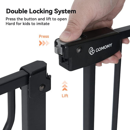 COMOMY 29.5-48.4" Baby Gate with Adjustable Cat Door,Extra Wide Metal Cat Gate for Stairs Doorways, Auto Close Dog Gate with Pet Door for House, Pressure Mounted Easy Walk Through (30" Tall, Black)