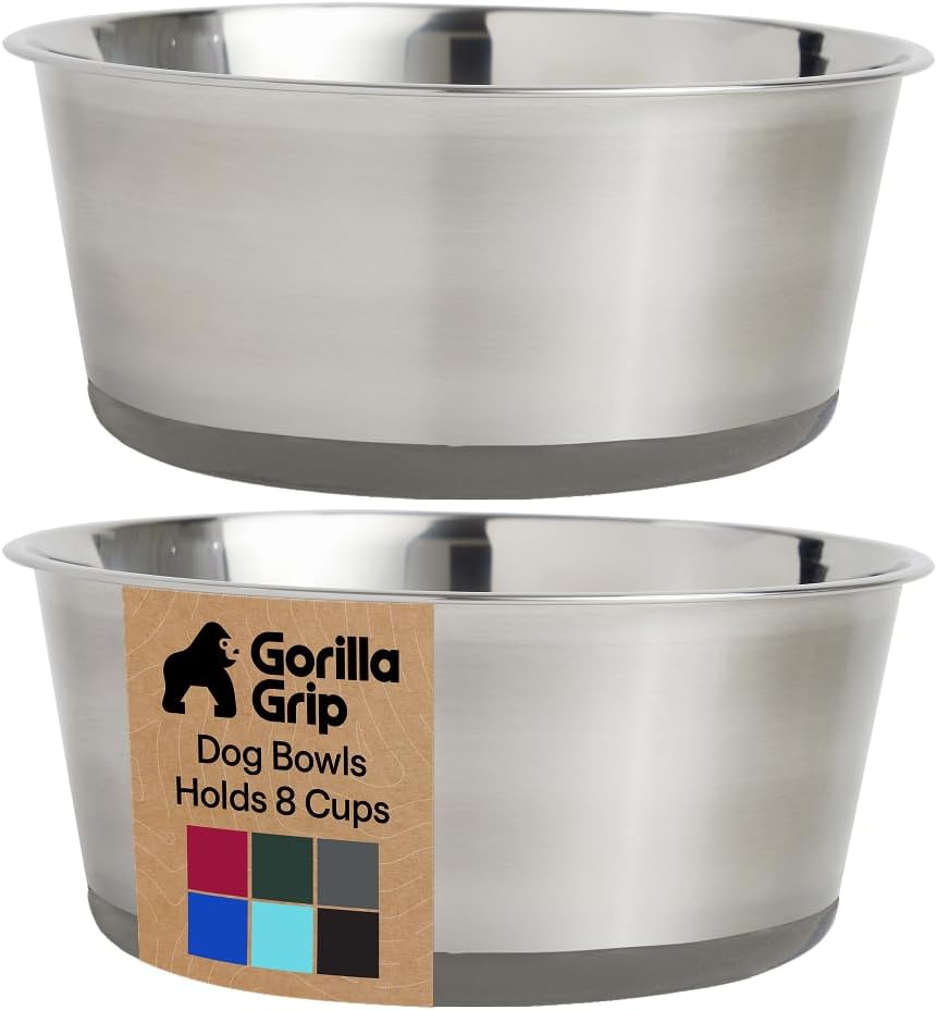 GORILLA GRIP Dog Bowls, Food Grade 304 Stainless Steel, Holds 2 Cups Each (16 fl oz) Food and Water Bowl for Feeding Dogs and Cats, Dishwasher Safe, Rust Resistant, BPA Free Rubber Base Set of 2 Black