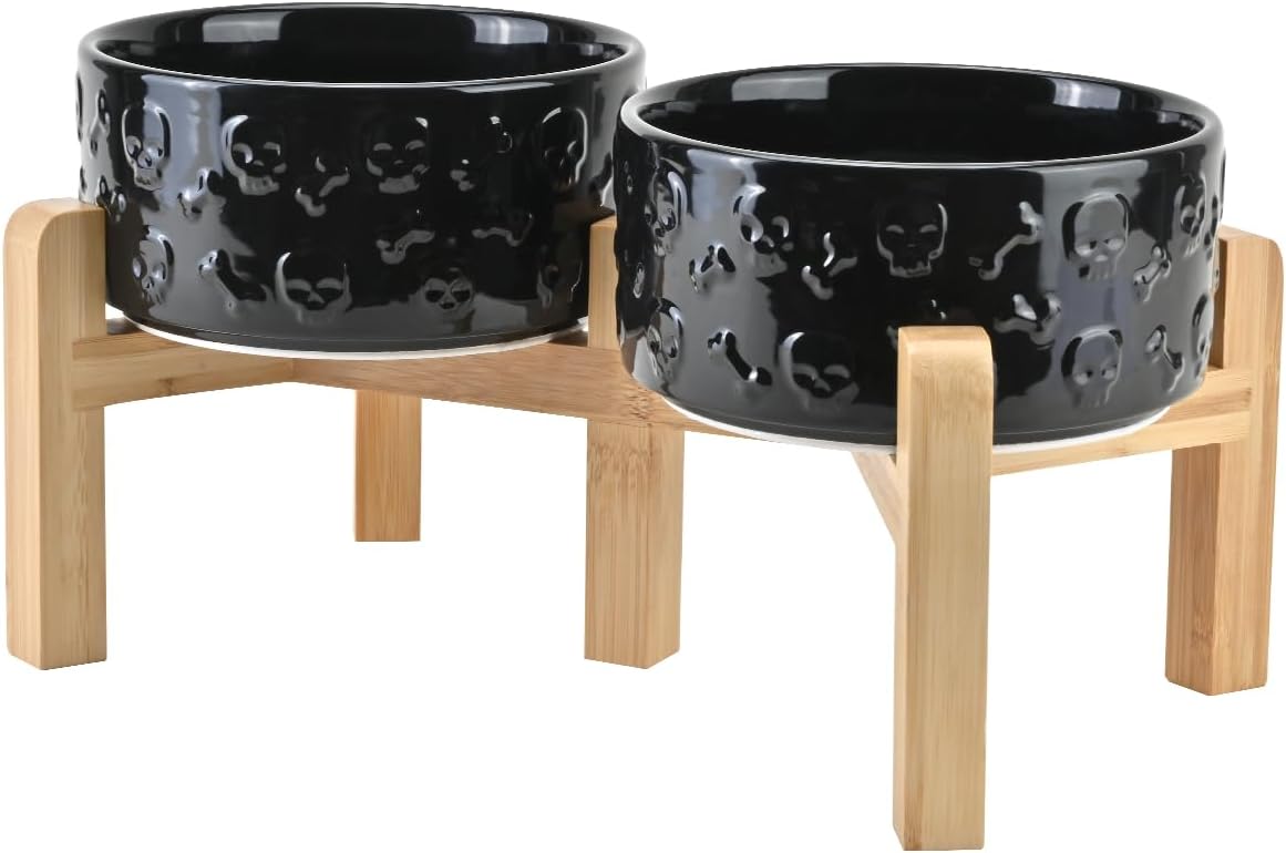 SPUNKYJUNKY Elevated Dog Bowls Ceramic, 6.1'' Dogs and Cat Food Water Bowls Raised with Non-Slip Bamboo Stand for Medium Sized Breed Microwave Dishwasher Safe - 28.7 OZ,Beige