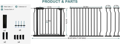Extra Wide Baby Gate Tension Indoor Safety Gates Black Metal Large Pressure Mounted Pet Gate Walk Through Long Safety Dog Gate for The House Doorways Stairs (62.2"-66.93"/158-170CM, Black)