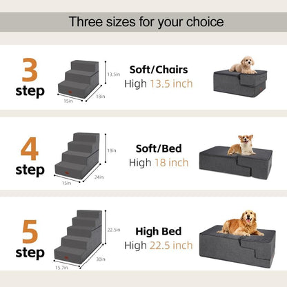 Dog Stairs for Small Dogs, 13.5" H, 3-Step Pet Steps for Couch Sofa and Chair, Non-Slip Balanced Pet Ramp for Medium Cats,Indoor Dog Ladder, Grey