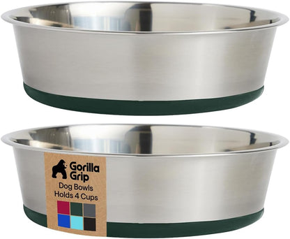 GORILLA GRIP Dog Bowls, Food Grade 304 Stainless Steel, Holds 2 Cups Each (16 fl oz) Food and Water Bowl for Feeding Dogs and Cats, Dishwasher Safe, Rust Resistant, BPA Free Rubber Base Set of 2 Black
