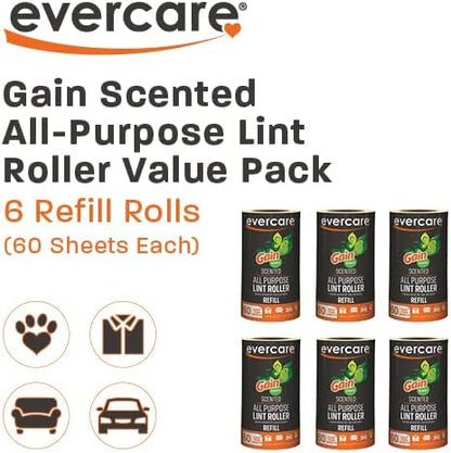 Evercare Gain Scented All-Purpose Lint Roller Brushes with 50 Sheets, Pack of 3 Manual Refillable Lint Rollers with Gain Scent (150 Sheets Total)