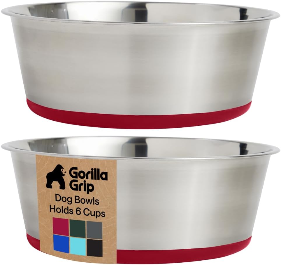 GORILLA GRIP Dog Bowls, Food Grade 304 Stainless Steel, Holds 2 Cups Each (16 fl oz) Food and Water Bowl for Feeding Dogs and Cats, Dishwasher Safe, Rust Resistant, BPA Free Rubber Base Set of 2 Black