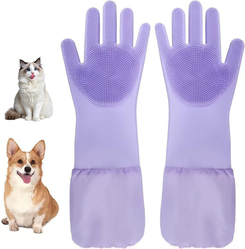 Dog Washing Gloves- Long Sleeved Pet Grooming Gloves - Heat Resistant Silicone Gloves with High-Density Teeth - Efficient Deshedding Glove for Dogs, Cats, Rabbits and Horses