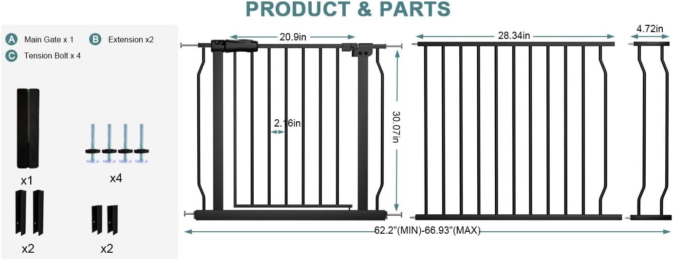 Extra Wide Baby Gate Tension Indoor Safety Gates Black Metal Large Pressure Mounted Pet Gate Walk Through Long Safety Dog Gate for The House Doorways Stairs (62.2"-66.93"/158-170CM, Black)