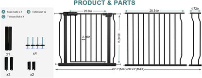 Extra Wide Baby Gate Tension Indoor Safety Gates Black Metal Large Pressure Mounted Pet Gate Walk Through Long Safety Dog Gate for The House Doorways Stairs (62.2"-66.93"/158-170CM, Black)