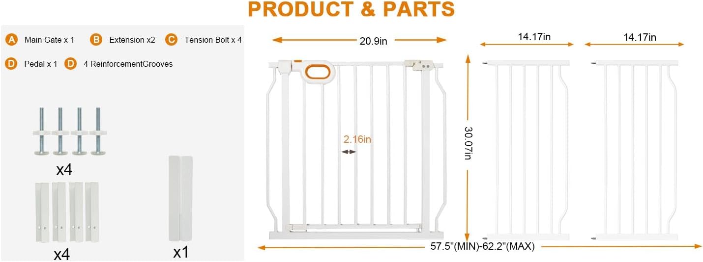 Baby Gates Extra Wide for Large Opennings with Door Pressure Mounted 90.6-95.2 Inch Extra Wide Baby Gate Dog gate for Doorways Indoor Metal Gate No Drilling with Walk-Through Door,White