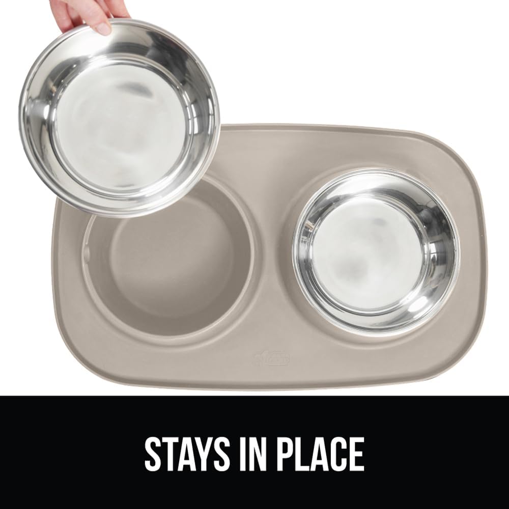 GORILLA GRIP Feeding Mat Set, Patent Pending 100% Waterproof BPA Free Silicone, Stainless Steel Cat and Dog Bowls, Slip Resistant, 1 Black mat/tray with 2 stainless steel bowls