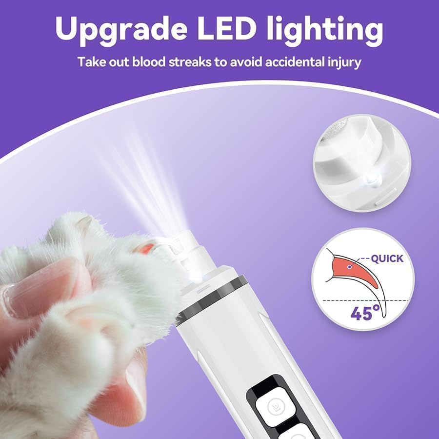 Dog Nail Grinder Quiet- Ultra-Quiet Dog & Cat Nail Grinder with LED Light & Battery Display & Upgrade Grinding Head - Painless Nail Trimmer for Small to Large Pets, Thick Nails, and Sensitive Paws