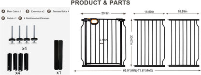 Baby Gates Extra Wide for Doorways 90.6-95.2 Inch Extra Wide Pressure Mounted Baby Dog Gate for the House Indoor Large Openning Metal Safety Gate No Drilling with Walk-Through Door,Black