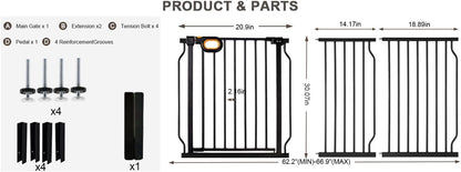 Baby Gates Extra Wide for Doorways 90.6-95.2 Inch Extra Wide Pressure Mounted Baby Dog Gate for the House Indoor Large Openning Metal Safety Gate No Drilling with Walk-Through Door,Black