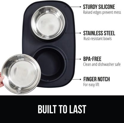 GORILLA GRIP Feeding Mat Set, Patent Pending 100% Waterproof BPA Free Silicone, Stainless Steel Cat and Dog Bowls, Slip Resistant, 1 Black mat/tray with 2 stainless steel bowls