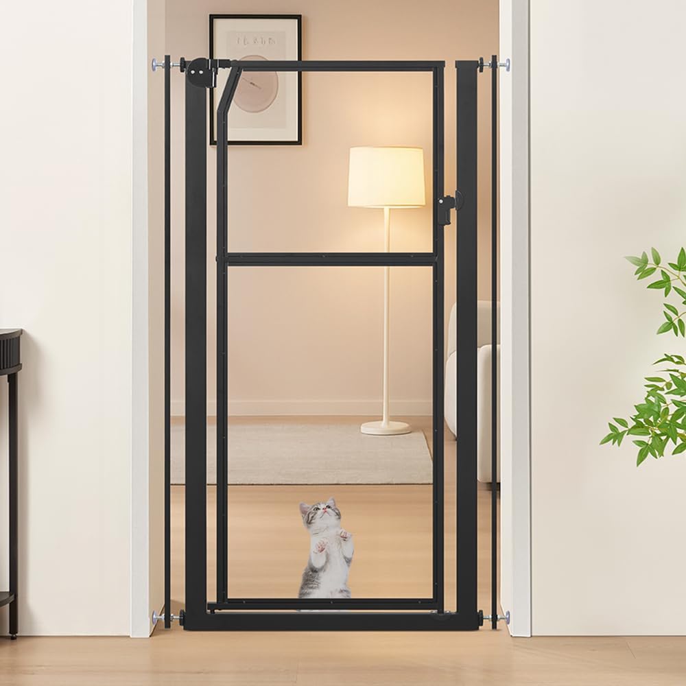 unipaws 56" Extra Tall Pet Gate, Clear Transparent Tall Cat Gate, 29.5-33.5" Wide No Drilling Pressure Mounted Dog Gate for Doorway, Hallway, Stairs, White