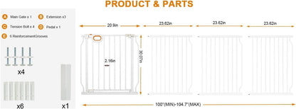 Baby Gates Extra Wide for Large Opennings with Door Pressure Mounted 90.6-95.2 Inch Extra Wide Baby Gate Dog gate for Doorways Indoor Metal Gate No Drilling with Walk-Through Door,White