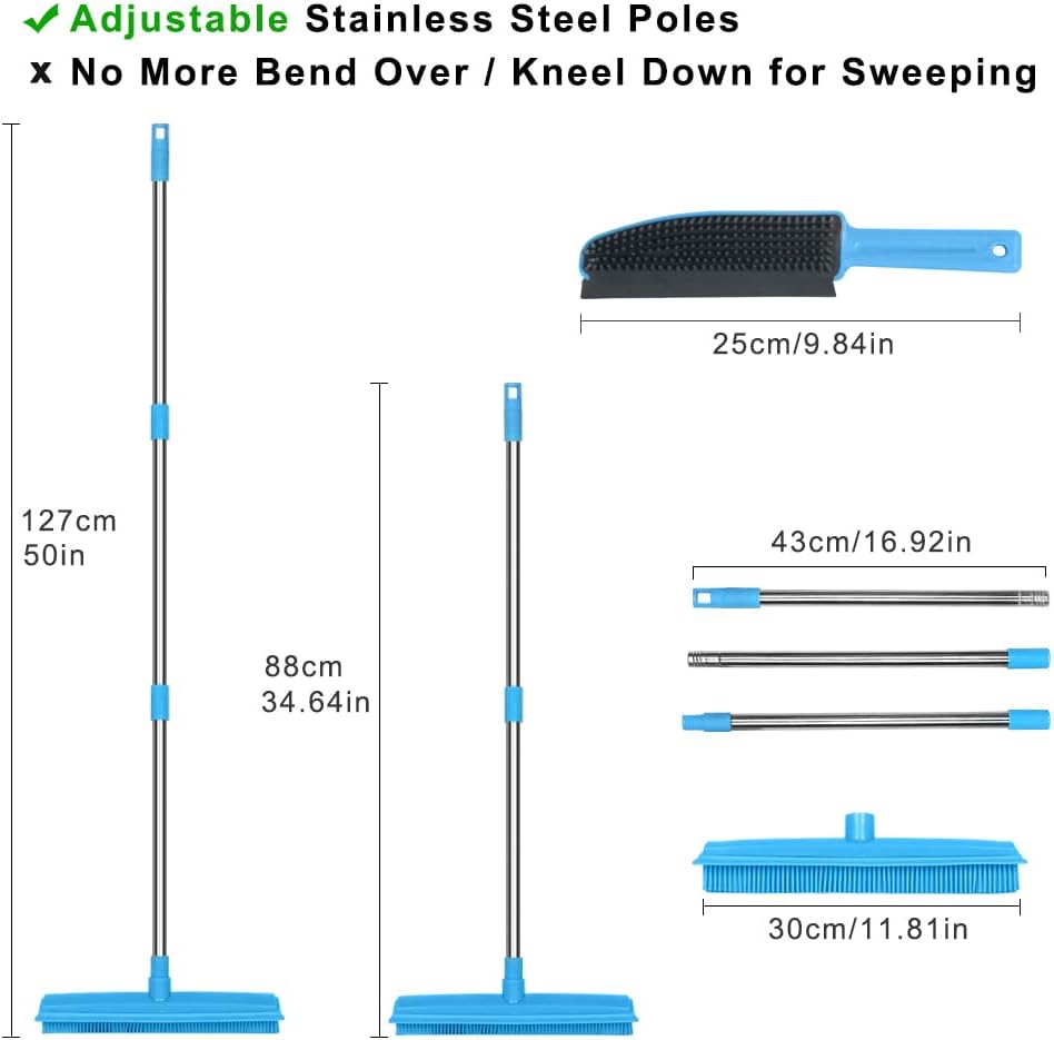 Rubber Broom and Pet Hair Removal Brush Set for Carpet, Fur Remover Broom with Squeegee for Wooden Floor, Detailing Lint Remover Brush for Pet Dog Cat Hair Car Interior