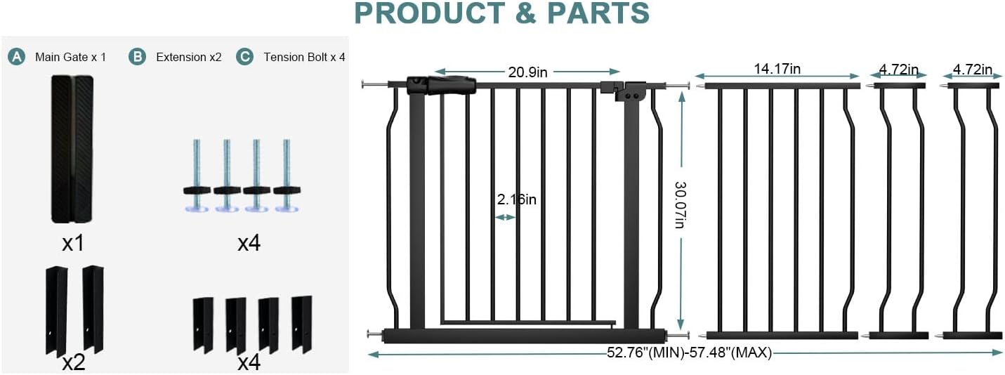 Extra Wide Baby Gate Tension Indoor Safety Gates Black Metal Large Pressure Mounted Pet Gate Walk Through Long Safety Dog Gate for The House Doorways Stairs (62.2"-66.93"/158-170CM, Black)
