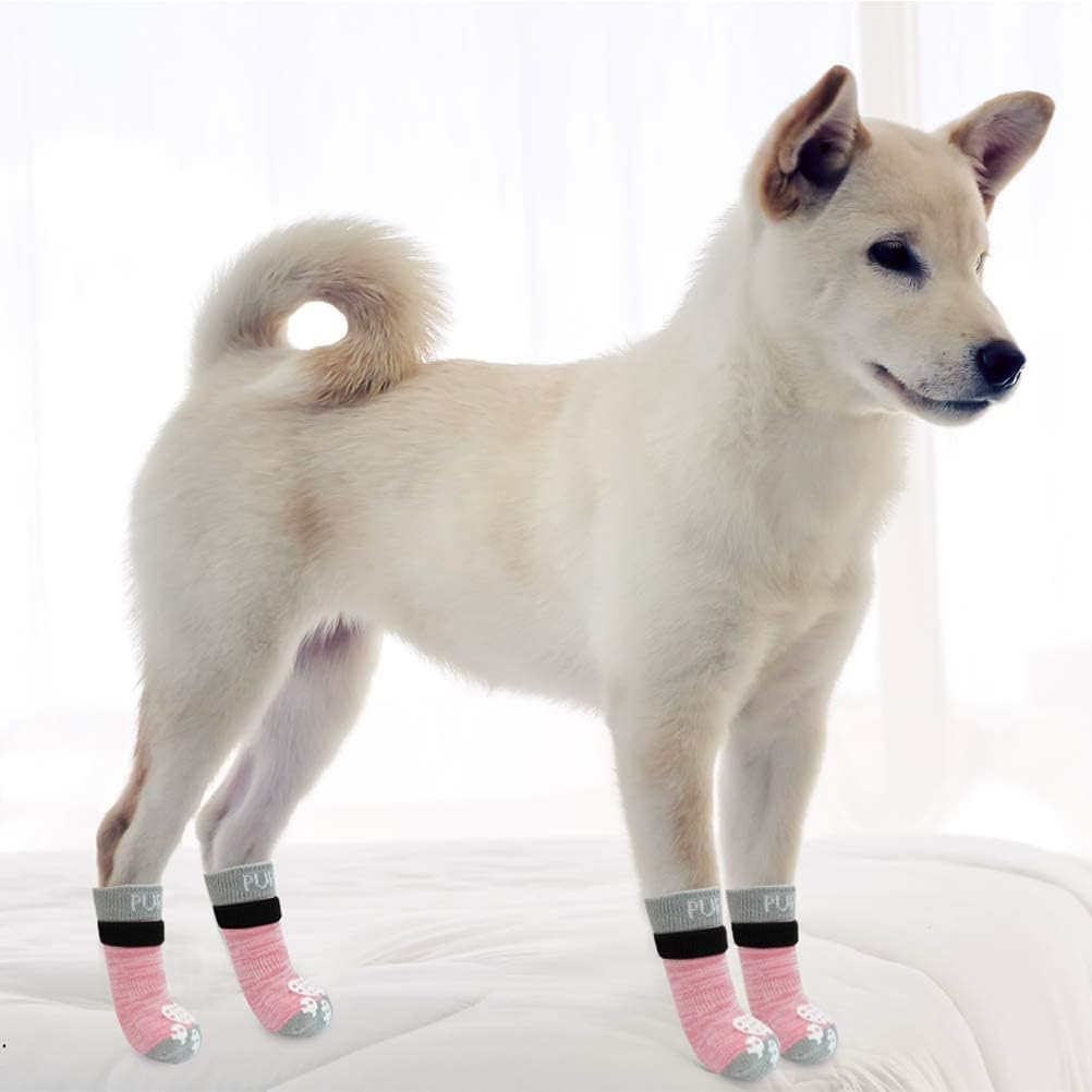 PUPTECK Anti-Slip Dog Socks with Double Sides Grips for Small Medium Large Dogs Hardwood Floors Prevents Licking, Dog Shoes for Hot Pavement Traction Control Paw Protector for Senior Dogs, Grey L