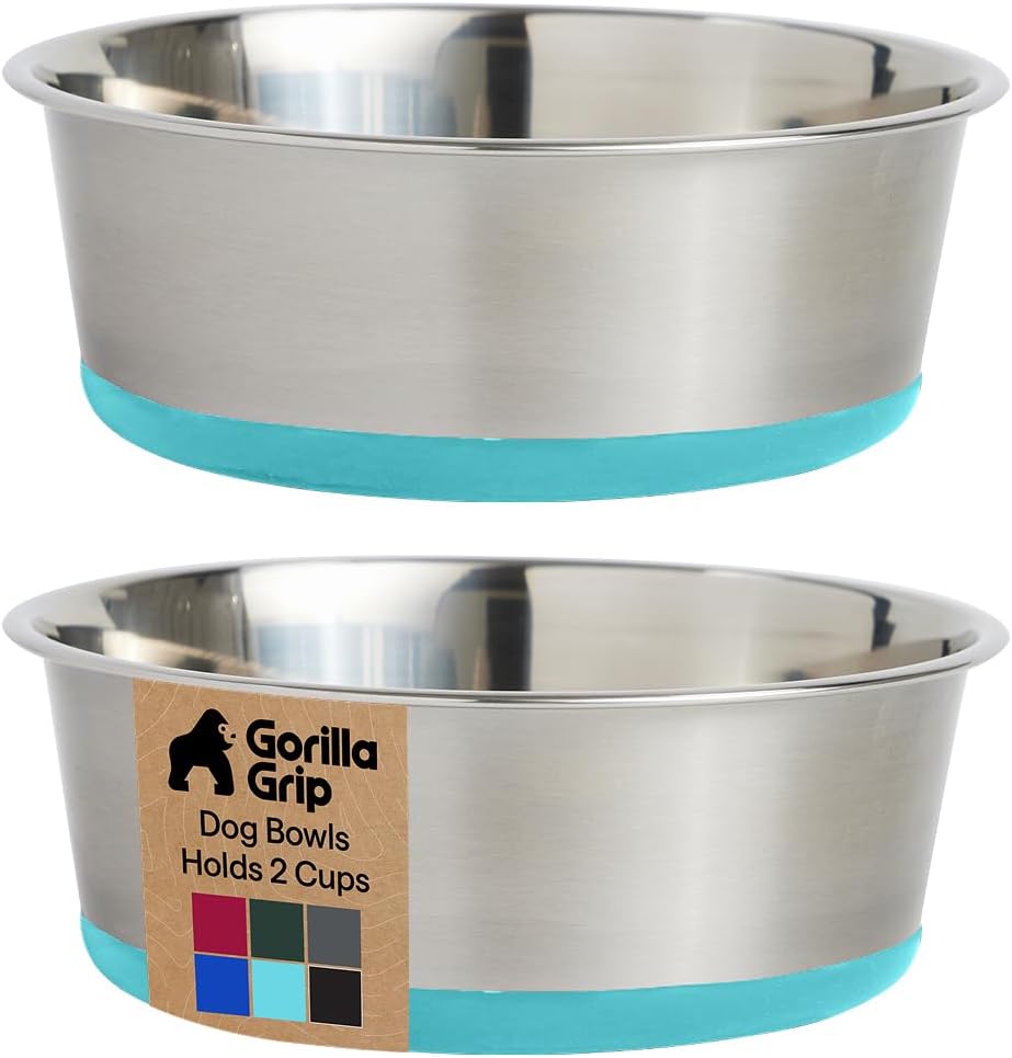 GORILLA GRIP Dog Bowls, Food Grade 304 Stainless Steel, Holds 2 Cups Each (16 fl oz) Food and Water Bowl for Feeding Dogs and Cats, Dishwasher Safe, Rust Resistant, BPA Free Rubber Base Set of 2 Black