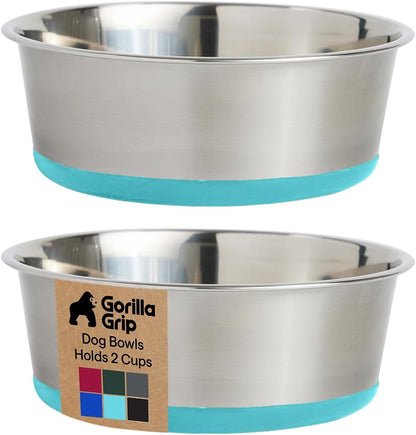 GORILLA GRIP Dog Bowls, Food Grade 304 Stainless Steel, Holds 2 Cups Each (16 fl oz) Food and Water Bowl for Feeding Dogs and Cats, Dishwasher Safe, Rust Resistant, BPA Free Rubber Base Set of 2 Black