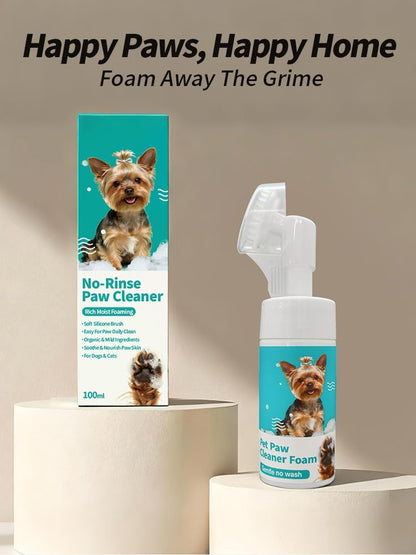 Dog Cat Paw Cleaner Foam | No-Rinse Formula for Cleaning Dirty Paws | Gentle, Fragrance-Free, Foaming Cleanser with Soft Silicone Brush | 100ml (3.4oz)