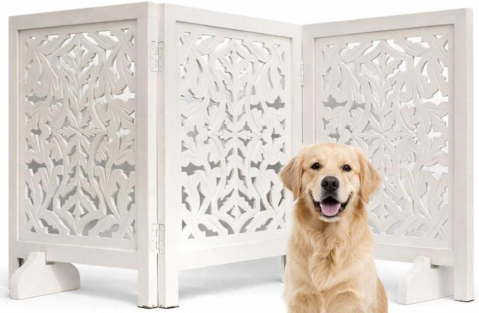 Freestanding Pet Gate for Dogs, Foldable Wooden Dog Gate for House, Indoor Dog Gate for Stair, Doorway, House Design Gates for Dogs Indoor, 72 Inch Wide, (18" x4 Panels 72 inch), Burnt Finish