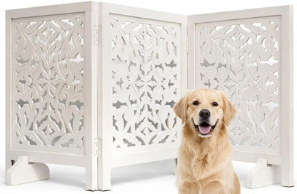 Freestanding Pet Gate for Dogs, Foldable Wooden Dog Gate for House, Indoor Dog Gate for Stair, Doorway, House Design Gates for Dogs Indoor, 72 Inch Wide, (18" x4 Panels 72 inch), Burnt Finish