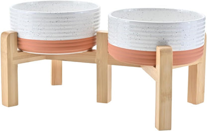 SPUNKYJUNKY Elevated Dog Bowls Ceramic, 6.1'' Dogs and Cat Food Water Bowls Raised with Non-Slip Bamboo Stand for Medium Sized Breed Microwave Dishwasher Safe - 28.7 OZ,Beige